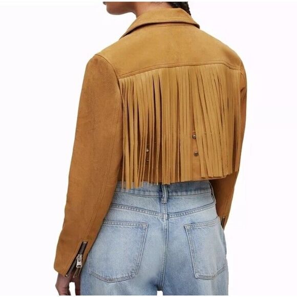 All Saints Tassel Fringe Cropped Genuine Suede Leather Biker Jacket sz 2 US - Picture 3 of 16